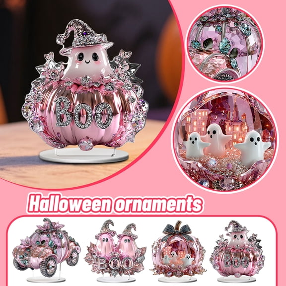 Halloween Tabletop Decor 2D Acrylic Pumpkin Carriage Ornament Set,Sturdy Stand Base Crystal Floral Pumpkin Cart Design,Spooky Cute for Living Room Mantel Desk Shelf Party