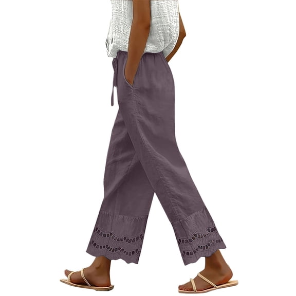 Bovemsi Casual Pants for Women Summer 2025 New Women's Loose Fitting Patchwork Lace Cotton Linen Casual Wide Leg Trousers with Pockets