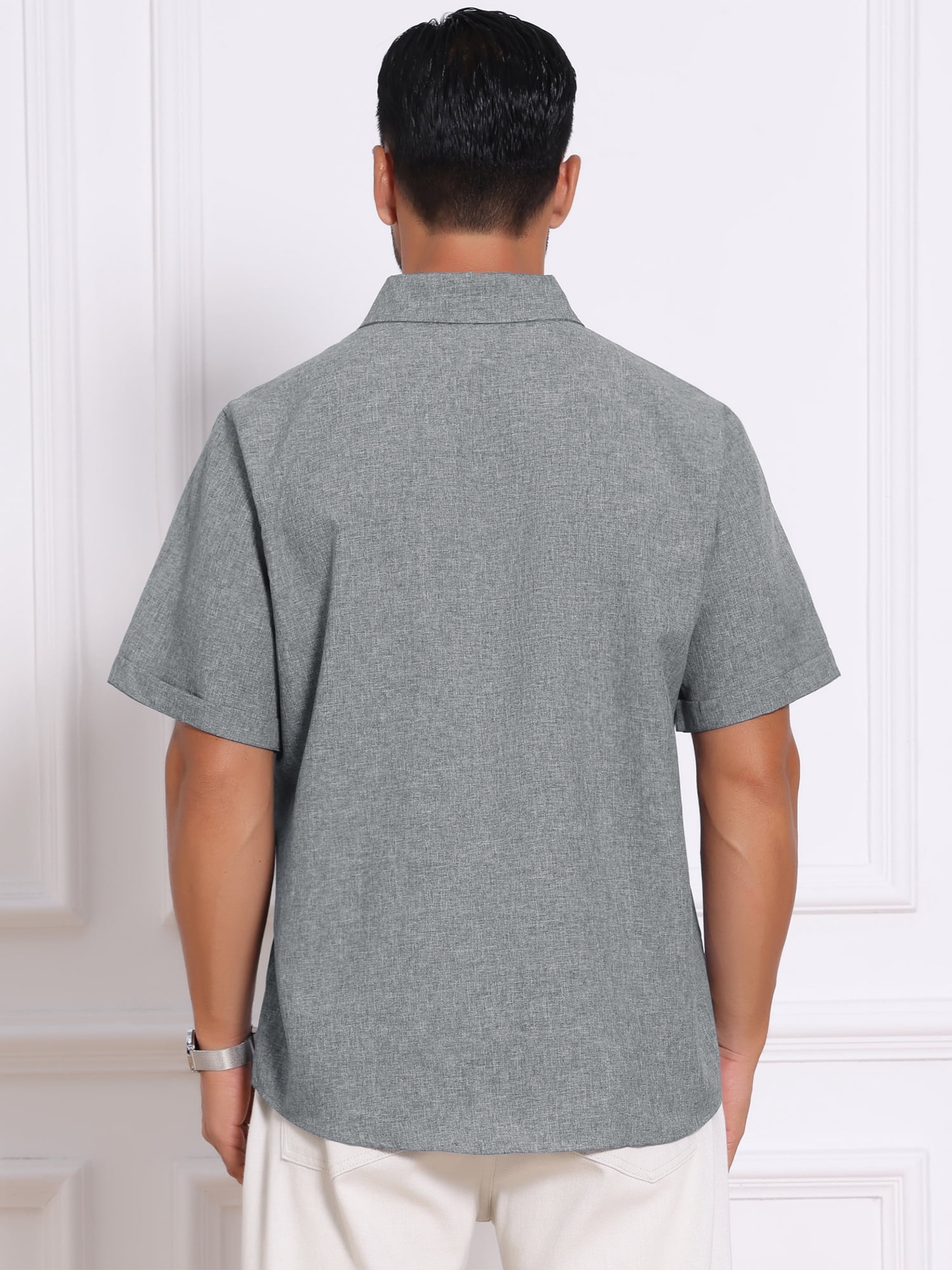 DARING DIVA Men's Solid Summer Short Sleeve Button Down Linen Shirts L Dark Gray