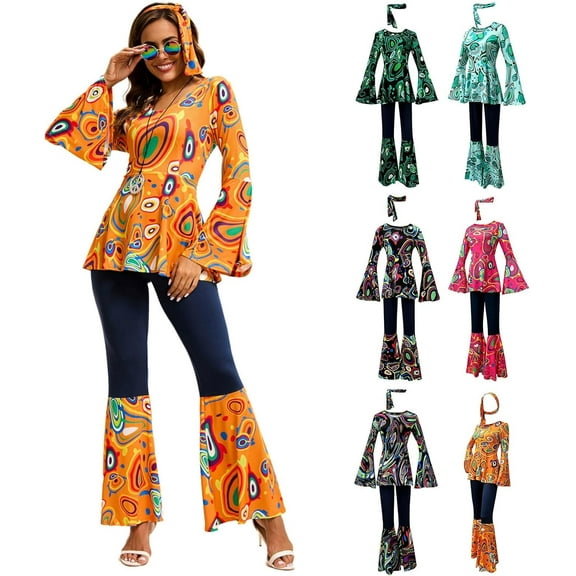 Women's  60s & 70s Hippie Costume Set - Floral Bohemian Outfit with Flared Sleeves & Pants