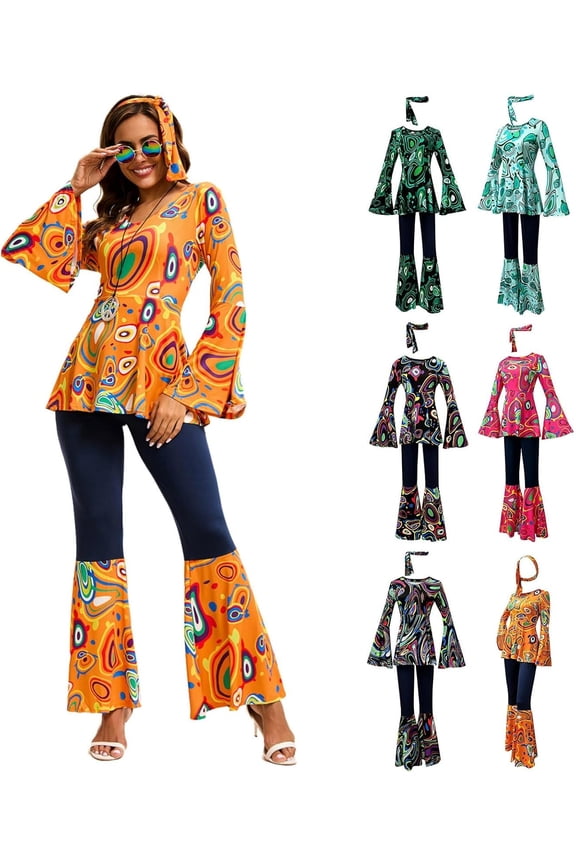 Women's  60s & 70s Hippie Costume Set - Floral Bohemian Outfit with Flared Sleeves & Pants