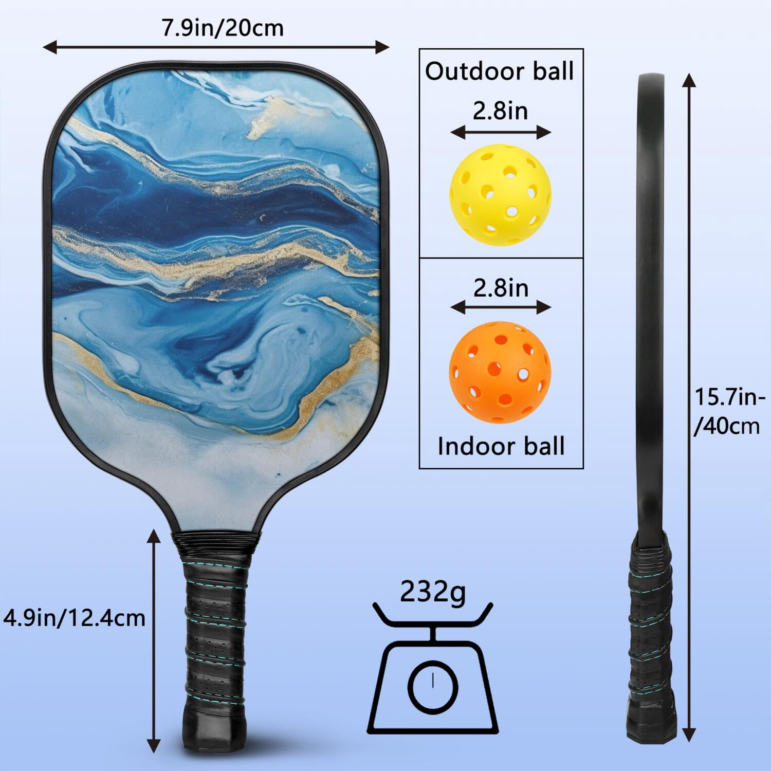 Pickleball Paddles Set Of 2, Fiberglass Surface, Turquoise Marble Pattern, 4 Balls & Bag