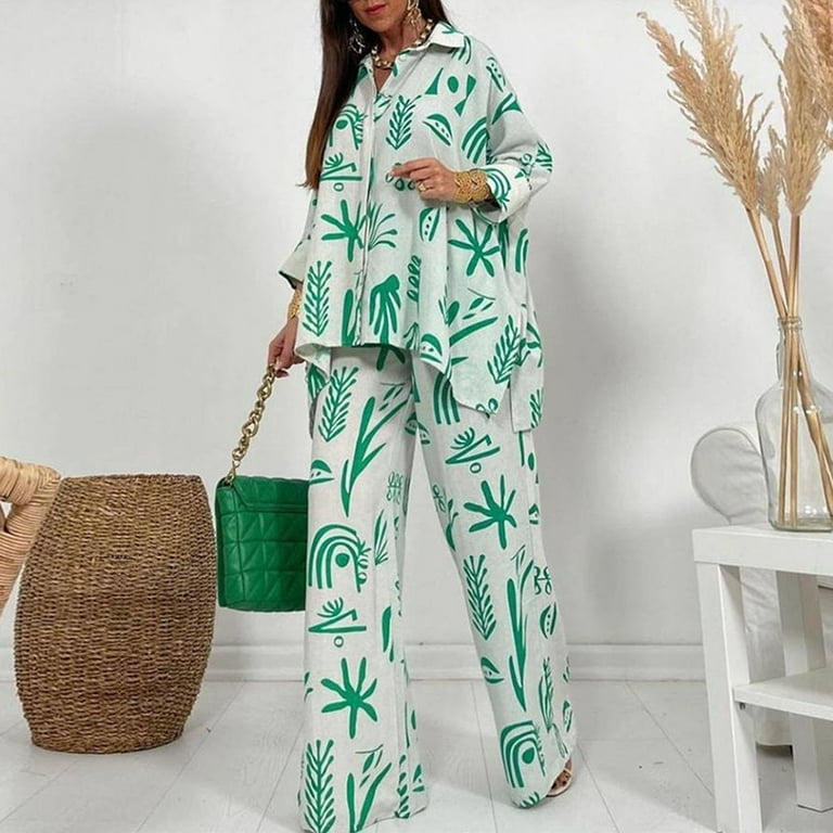Reoriafee Outfits For Women Casual Set Clubwear 70S Outfits Plus Size  Fashion Women Casual Print Long Sleeve Round Neck Tops Long Dress Sets  Green S - Walmart.Com