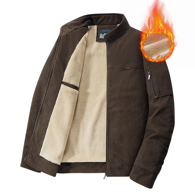 Jackets for Men Winter Zip Up Corduroy Thermal Coat Stand Collar