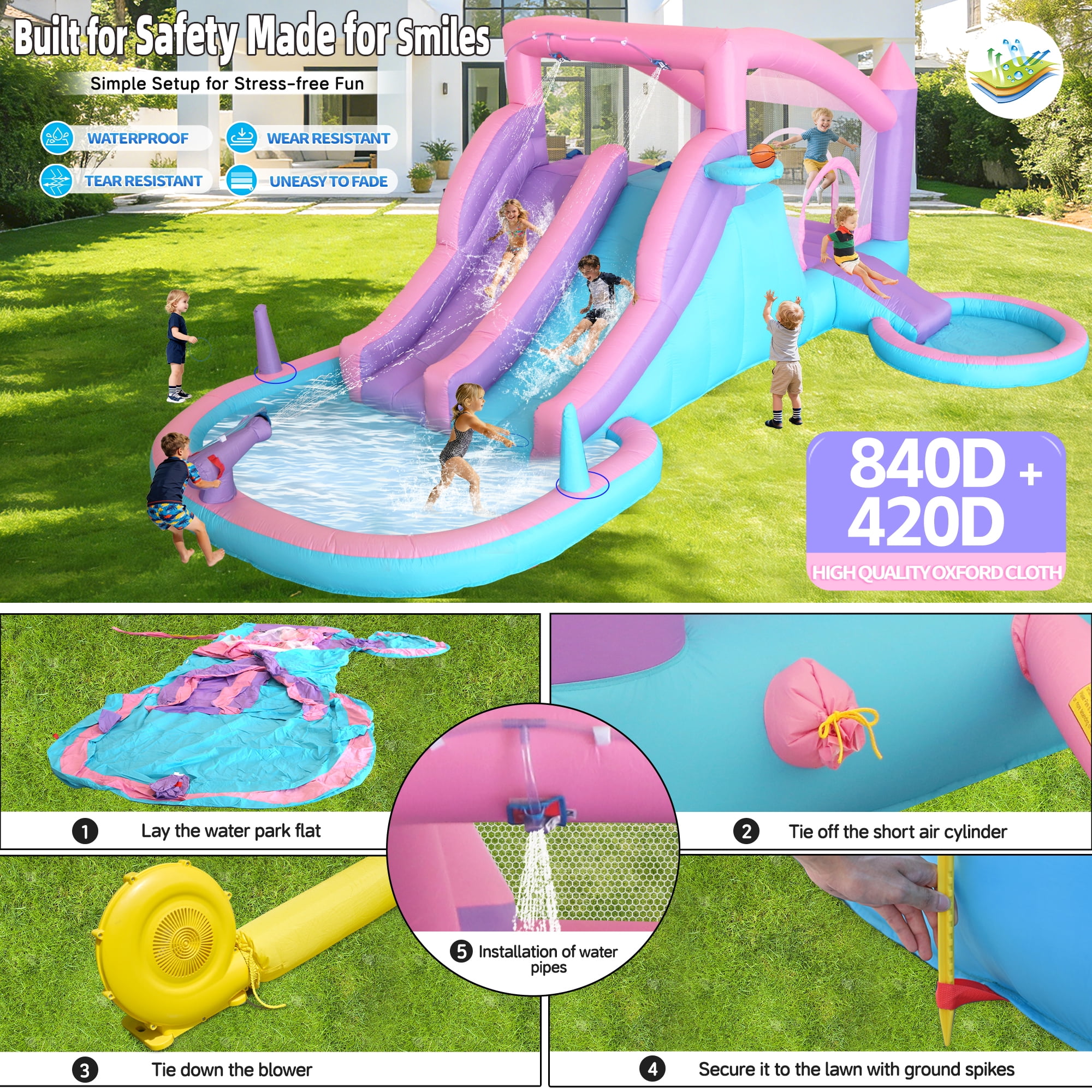 Anypool Inflatable Water Slide Bounce House 9-in-1 Backyard Water Park Double Racing Slides Splash Pool Ages 3-8