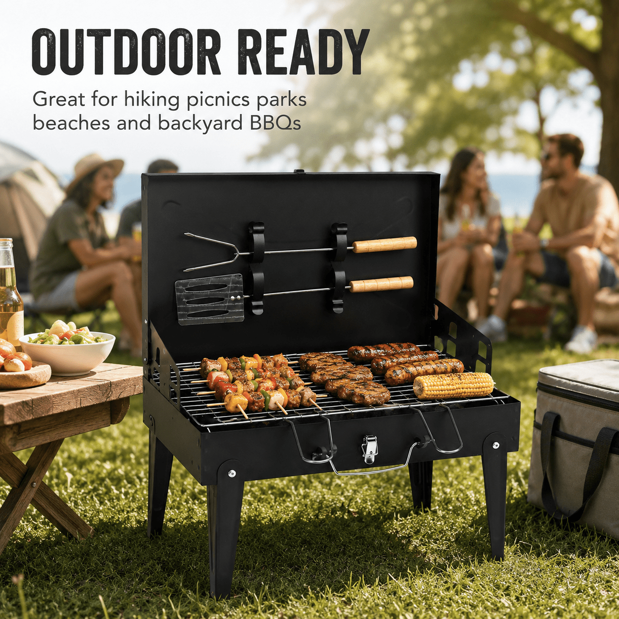 Alvantor Portable Square Charcoal Grill with Lid and Foldable Legs Black 17.3 x 10.6 in