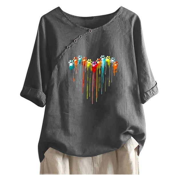 Blusas de Manga Corta para las Mujeres Impresas Cuello Redondo Camiseta Casual, Blusa de Algodón de Imitación para las Mujeres
