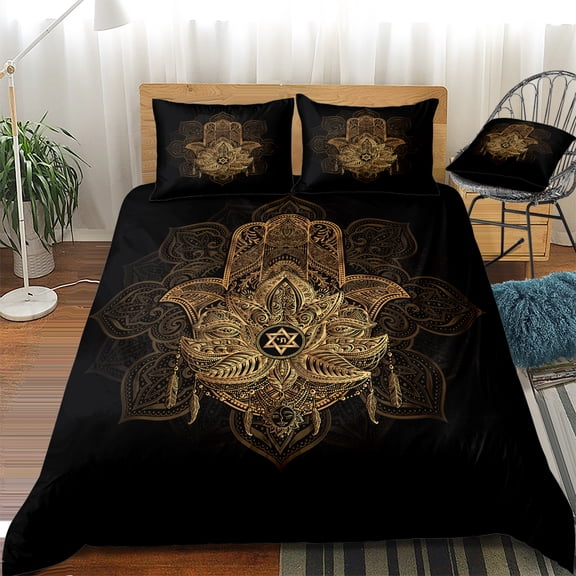 Move Over Black Gold Hamsa Hand Duvet Cover Set Twin Boho Bedding Sets Mandala Floral Pattern Microfiber Duvet Cover No Filling