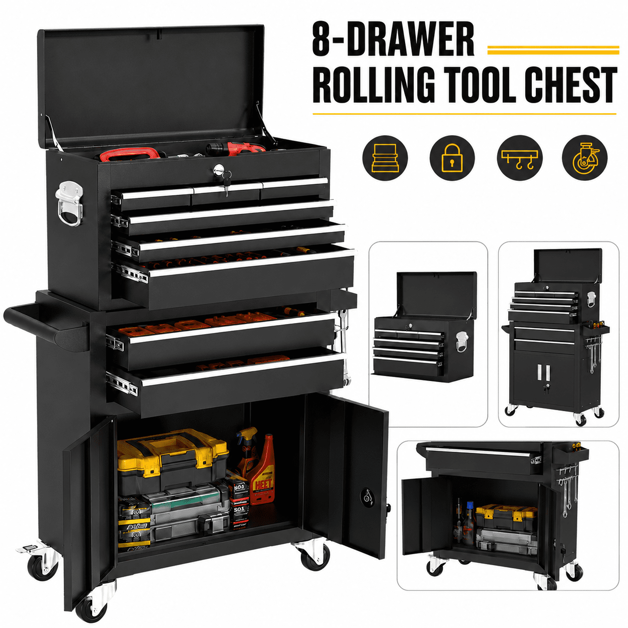 Seizeen 2-IN-1 Metal Tool Box, 8-Drawer, Mobile & Portable Tool