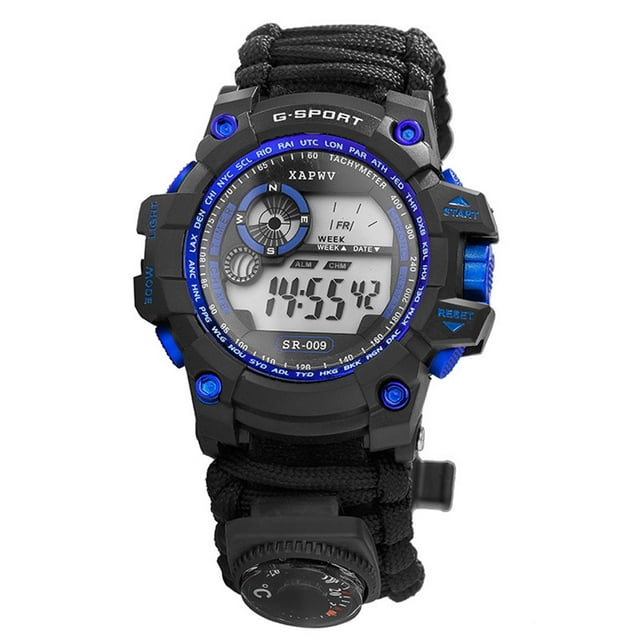 reloj deportivo de supervivencia digital reloj repelente al agua reloj de supervivencia de emergencia con — Vista frontal centrada del reloj negro estilo táctico, pantalla digital redonda con hora y fecha, correa trenzada de poliéster tipo paracaídas, botones azules y brújula montada en la correa; diseño multifuncional 6 en 1 según especificaciones.