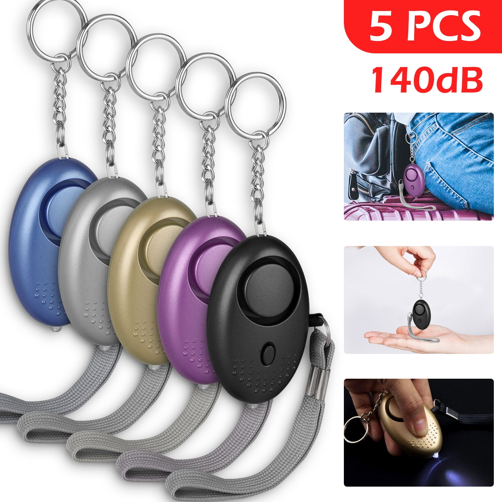 5Pcs Safe Sound Personal Alarm Keychain Loud Alert LED Light 140db Self-Defense 