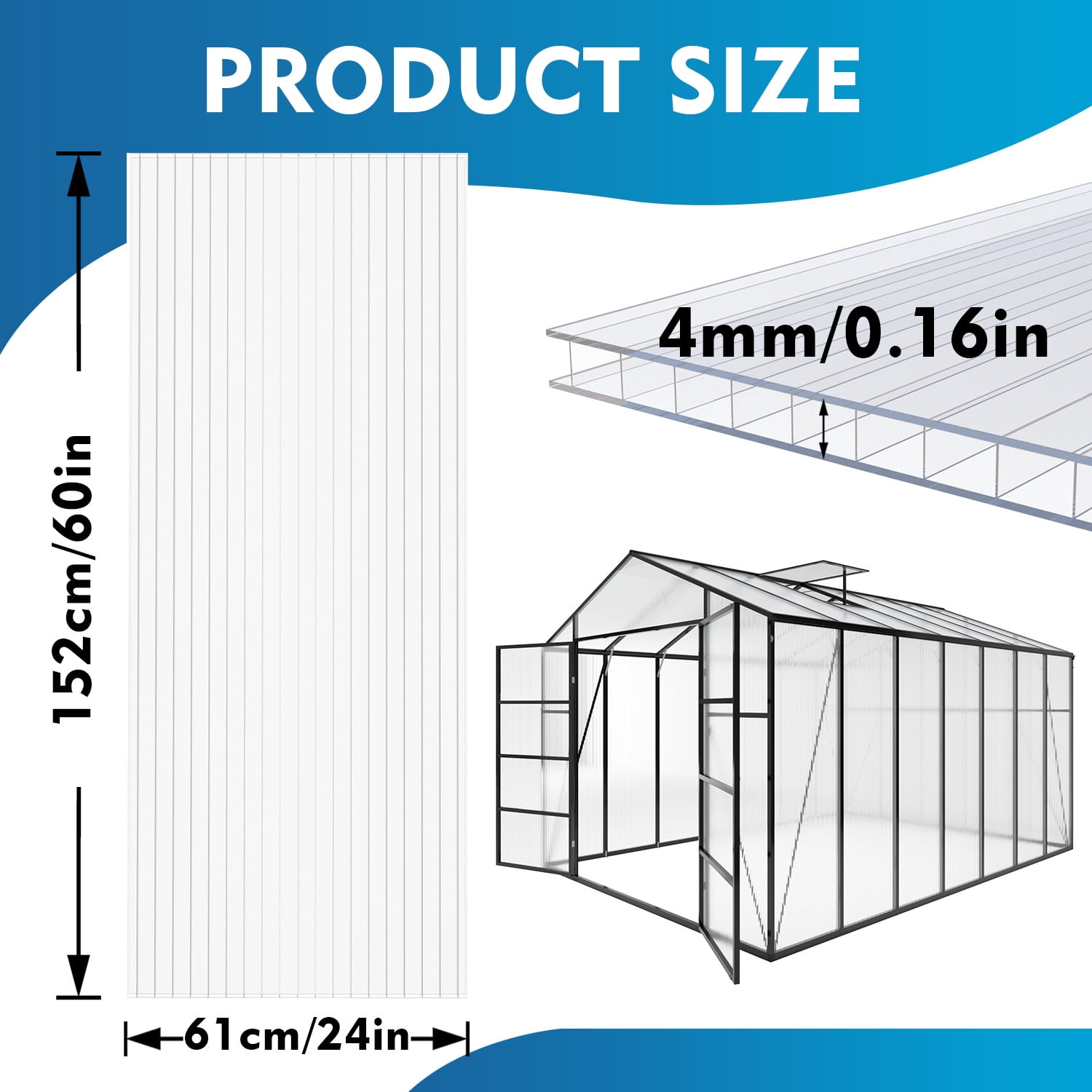 Leumius Twin-Wall Polycarbonate Panels for Greenhouses Set of 6,2' X 5' X 0.16'',All-Weather Durable Clear Sheets with Water-Resistant & UV-Protected for Glass Roofing,Greenhouse