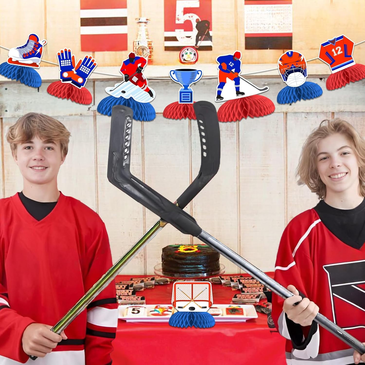 JOYMEMO 8Pcs Red Blue White Ice Hockey Honeycomb Centerpieces, Hockey Table Decorations for Men Boy Birthday Baby Shower Fans Gameday Party, Ball Sports Gifts School Home Decor Supplies