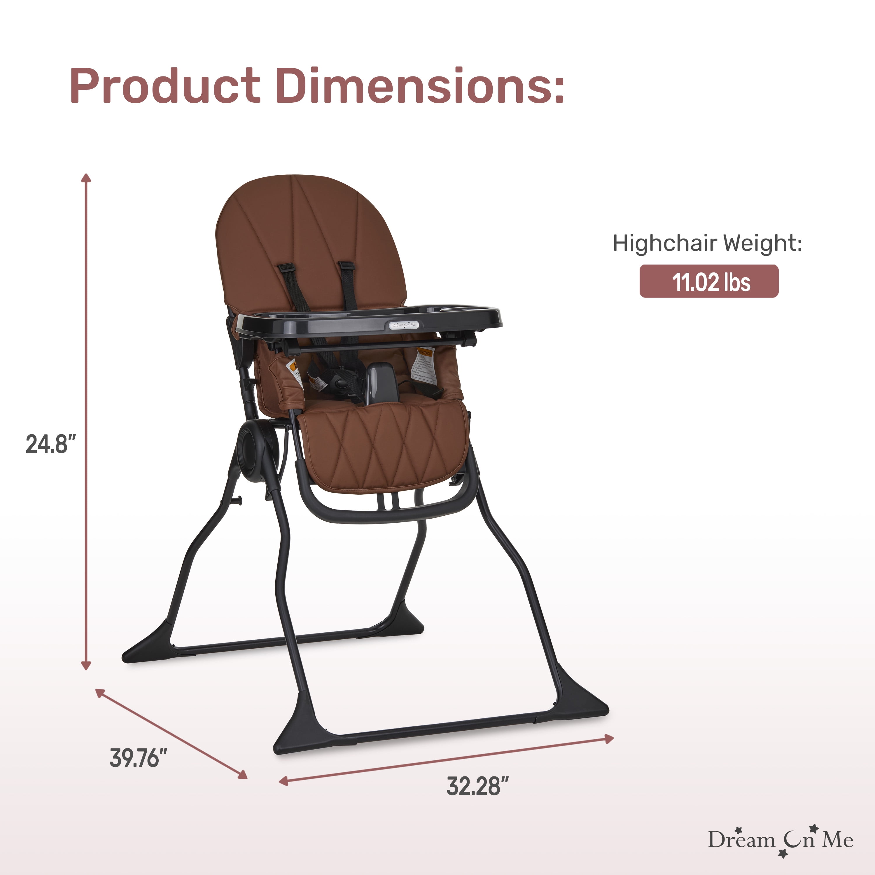 Dream On Me Snack and Stow Baby high Chair, Easy to fold and Store Travel high Chair, Removable and Three Position Adjustable Tray Portable high Chair, Cognac