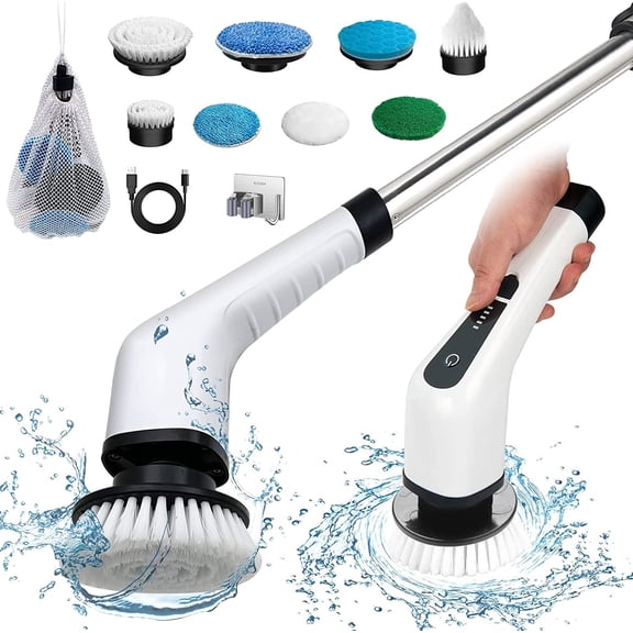 Electric Spin Scrubber with 9 Replaceable Brush Heads, Cordless Power Scrubber for Bathroom & Tile, 49" Extendable Handle, 2-Speed & LED Display