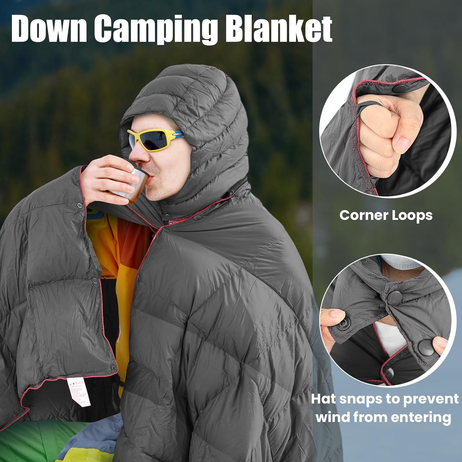 Upgraded Hooded Down Camping Blanket Waterproof 650 Fill Puffy Poncho Blanket 77" x 50" Packable Wearable Sleeping Bag with Detachable Hat Outdoor Stadium Camping, 1.36 lb(Grey)