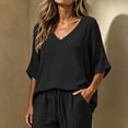 thumbnail image 6 of CYMMPU Women's Summer Linen Blend 2-Piece Outfit, V-Neck 3/4 Sleeve Top with Drawstring Pants, Casual Loungewear Set Black XL, 6 of 7