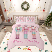 Manfei Merry Christmas Full Size Comforter Sets,Cartoon Nutcracker Soldier Bedding Comforter Set,Pink Blue White Bedding Sets For Child,Breathable Home Decor Reversible,3 Pieces