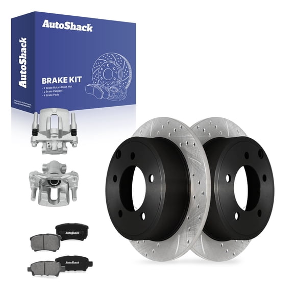 AutoShack Rear Brake Rotors, Premium Pads & Calipers for Jeep, Patriot 2007-2017 Compass 2007-2017, 4WD AWD FWD L4 2.0L 2.4L - E-Coated Drilled & Slotted - ShadowGuard - 10.31" (261.8 mm), 5-Lug