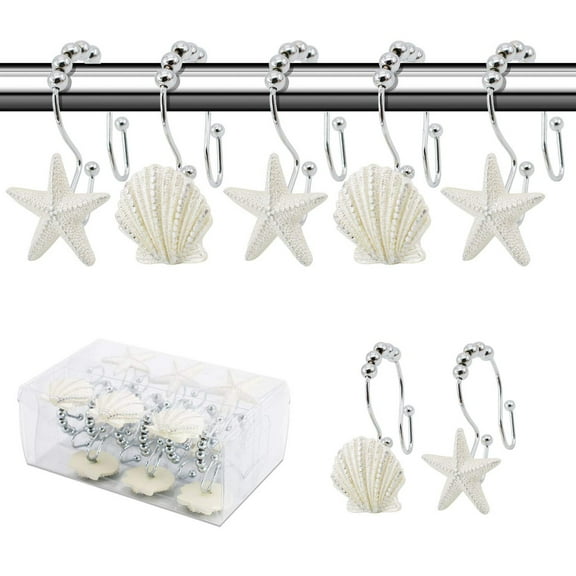 Seashell Shower Curtain Hooks,12 Pcs Double Roller Glide Rust-Resistant Iron Decorative Shower Curtain Rings for Bathroom, Baby Room, Bedroom, Living Room Decor