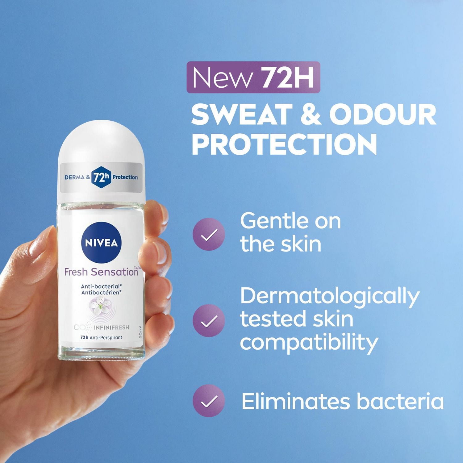 NIVEA Fresh Sensation Roll-On 72-Hr Antiperspirant Deodorant, 50mL, NIVEA Fresh Sensation Roll-On