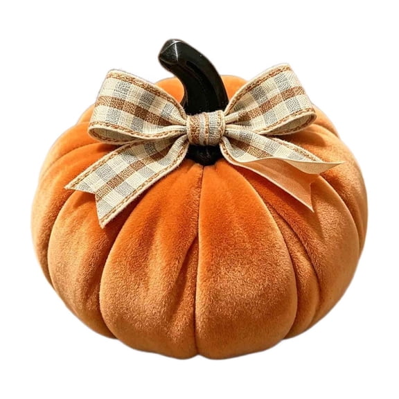 3.94" Velvet Pumpkin Ornament, Plush Stuffed Pumpkin with Plaid Bow for Fall Halloween Tabletop Home Decor