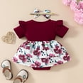 thumbnail image 4 of LNMQLPDBS Toddler Girl Clothes Sets Letters Printed Ribbed Ruffle Trim Short Sleeve Onesies & Floral Printed Skirt with Bow & Headband 3pcs Sets 0-3 Months Baby Girl Clothes Red1 12-18 Months, 4 of 4