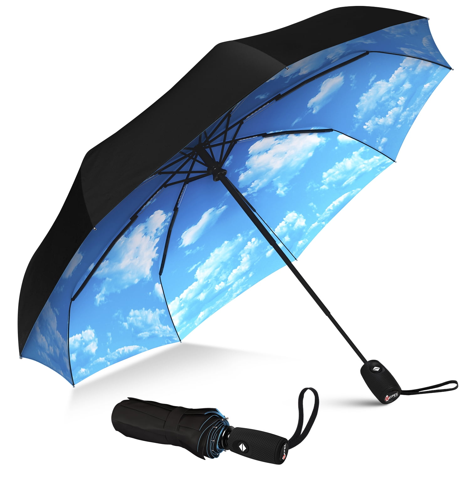 Repel Windproof Travel Umbrella Teflon Coated Double Vented Canopy Compact Automatic Blue