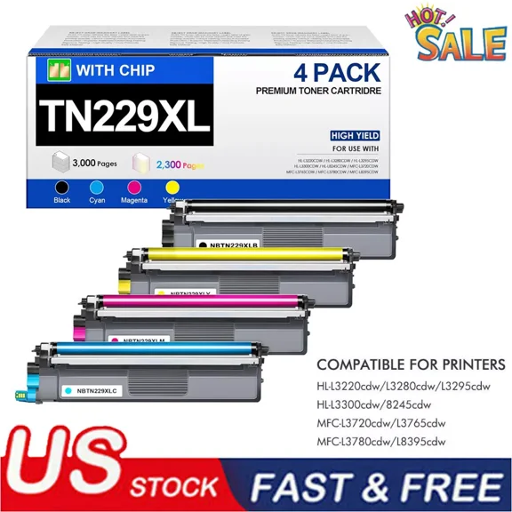 4PK TN229XL TN229 Toner Cartridge For Brother HL-L3280CDW MFC-L3780CDW L8395cdw