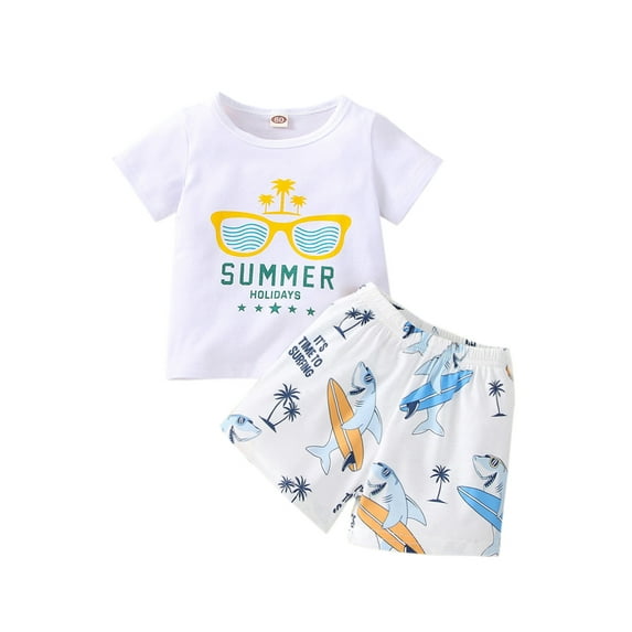 Franhais Toddler Baby Summer Clothes Set, Round Neck Short Sleeve Sunglass Letter Print T-shirt + Shark/Palm Elastic Waist Shorts