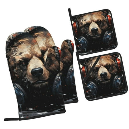 

Fotbe Urban Bear With Headphones for 4Pcs Oven Mitts and Pot Holders 500℉ Heat Resistant Oven Mitts Non-Slip Silicone Surface Safe for Baking Cooking BBQ