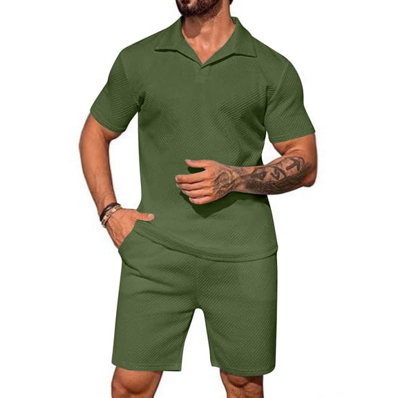 Kixjoy Mens Short Sets 2 Piece Outfits Short Sleeve Big and Tall Collared T-Shirts and Shorts Set Casual Soft Beach Sweatsuits for Men, Dark Green M