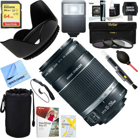 Canon EF-S 55-250mm f/4-5.6 IS II (Stabilized) Telephoto Lens (2044B002) + 64GB Ultimate Filter & Flash Photography