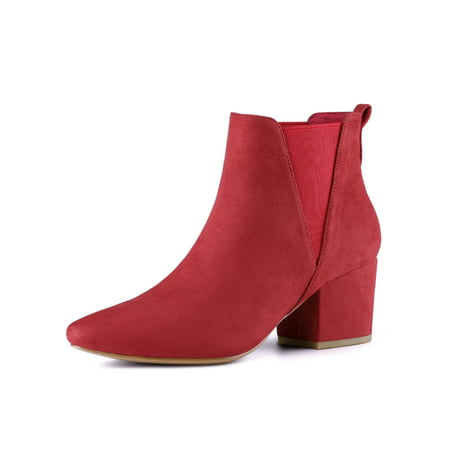 Women's Pointed Toe Chunky Heel Chelsea Ankle Boots Red (Size