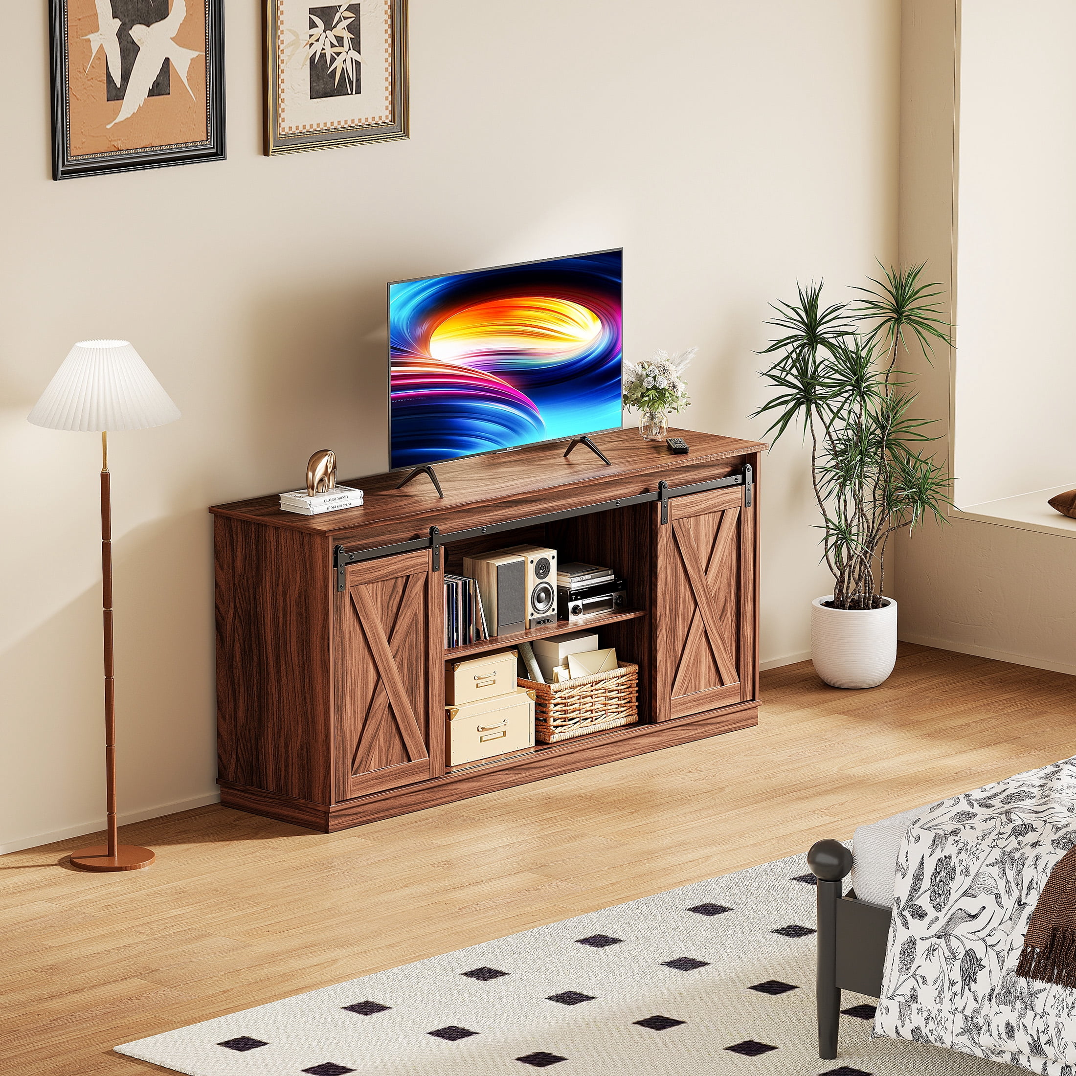 EDX TV Stand for 65" TV, Modern Entertainment Center for Living Room, TV Console Table with Storage Cabnets and Sliding Barn Doors, Rustic Brown