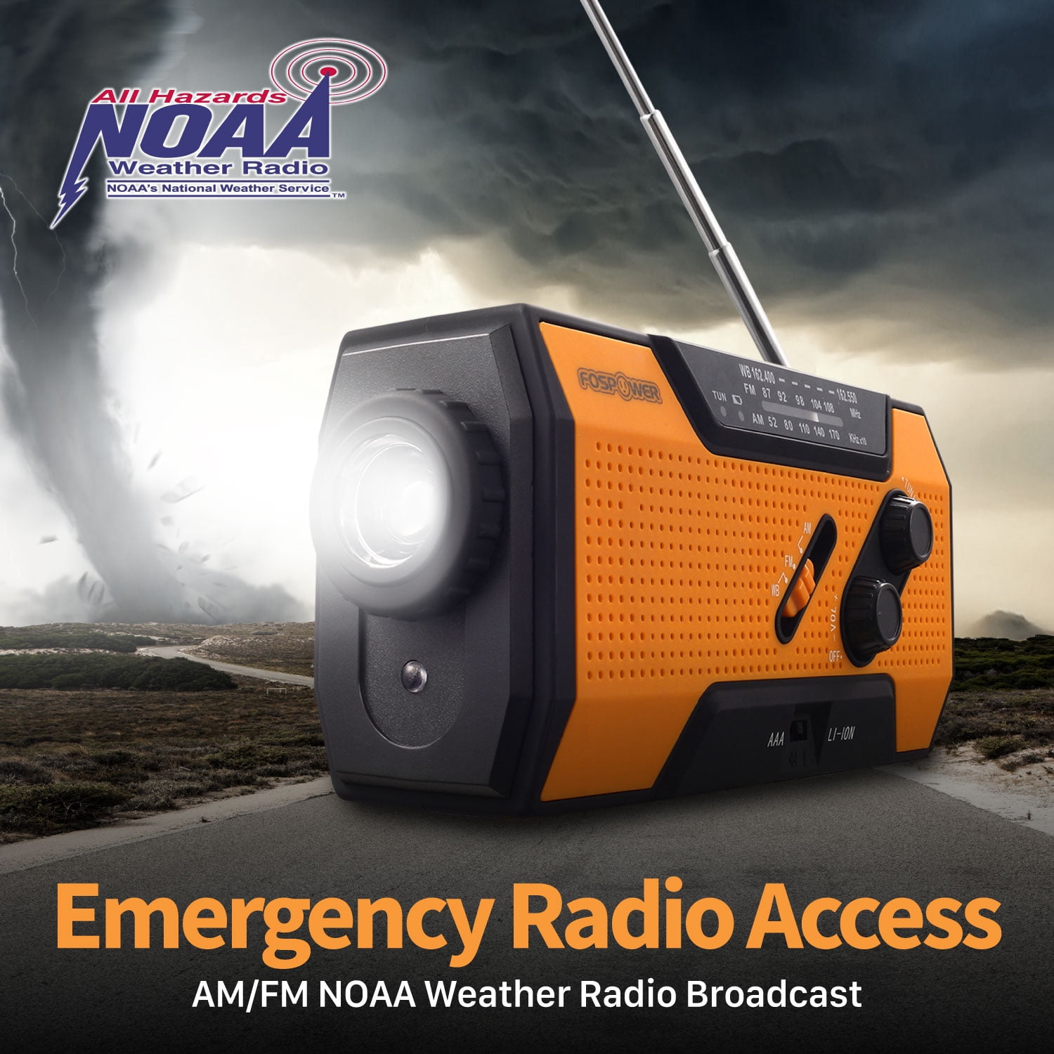 FosPower Emergency Solar Crank Portable Radio with LED Flashlight & USB Port, Orange/Black