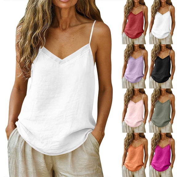 Aboser Womens Cotton Linen Camisole Tops Summer Casual Spaghetti Strap Basic Tees Comfy V Neck Tank Top Thin Sleeveless Cami Shirts