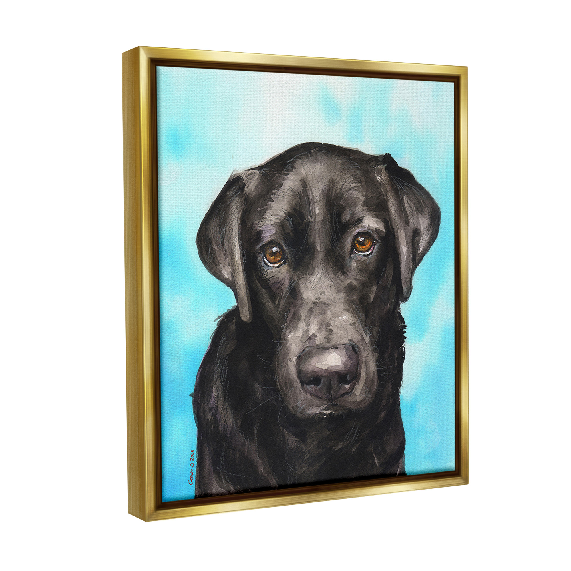 Stupell Industries Black Lab Portrait on Blue Animals & Insects Painting Gold Floater Framed Canvas Art Print Wall Art, 25 x 31