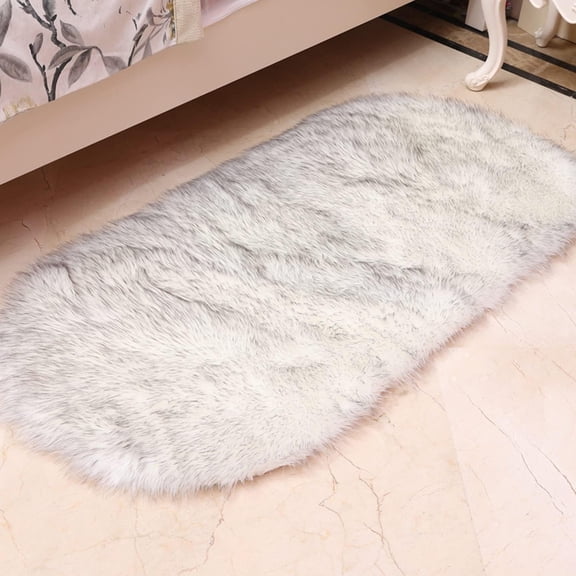 Gray White Faux Fur Sheepskin Oval Area Rugs 24"x36" Soft Comfortable Shaggy Carpet for Bedroom Living Room Nursery Floor Mats