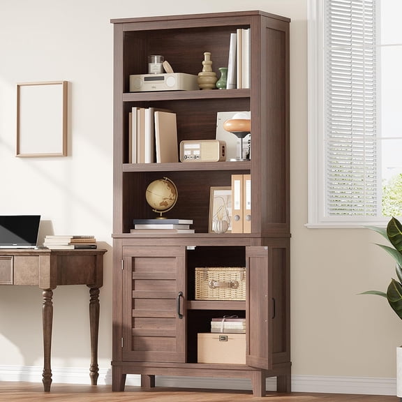 5 Tier Industrial Bookshelf, 70.9" Tall Bookcase with Doors, Adjustable Shelves, Metal Frame Storage Cabinet for Home Office, Living Room, Bedroom