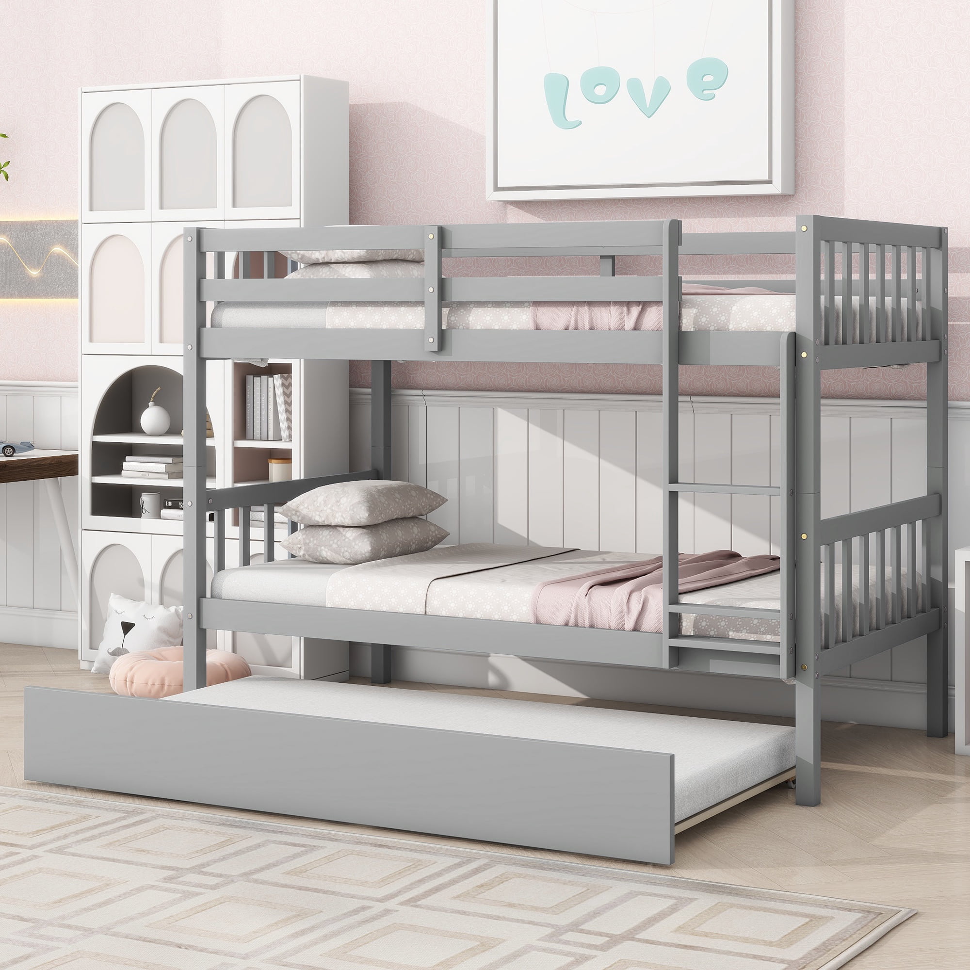 PORKISS Bunk Bed with Trundle, Twin Over Twin Bunk Bed Frame Can Convertible 2 Platform Bed, Wood Bunk Bed Built-in Ladder for Kids Teens Adults, Grey
