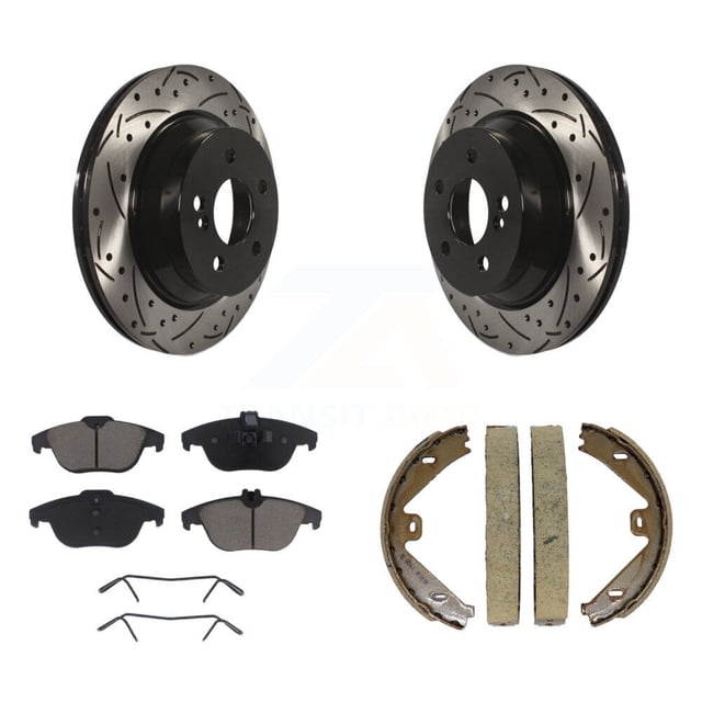 Transit Auto Rear Disc Drilled & Slotted Rotors Ceramic Pads and Parking Brake Shoes Kit for Car Mercedes-Benz GLK350 GLK250 KDC-101484