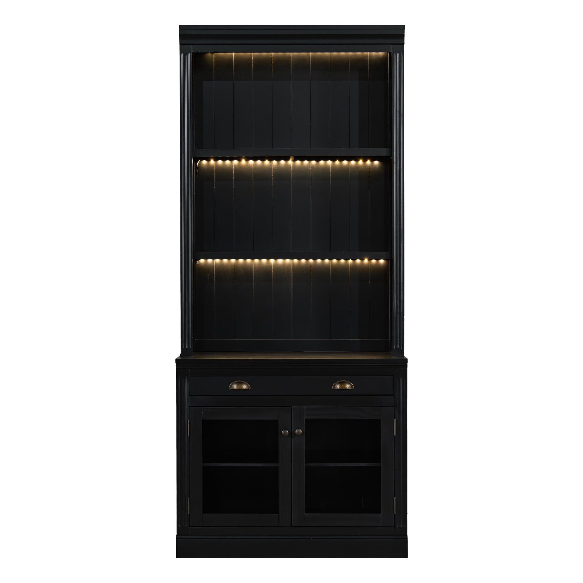 Euroco 83.4"Tall Bookshelf with 3 pieces LED Lighting, Modern Bookcase with 2 Glass Doors and 1 Drawer,Storage Bookcase with Open Shelves for Living Room,Home Office,Black