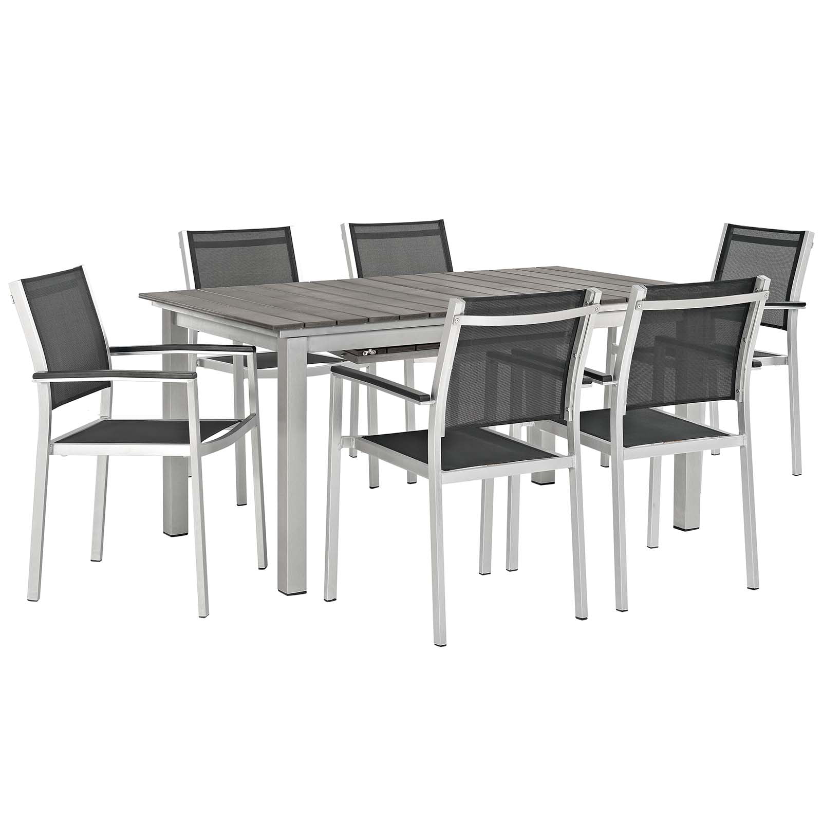 Modway Shore Outdoor Patio 7 Piece Aluminum Dining Set in Silver Black