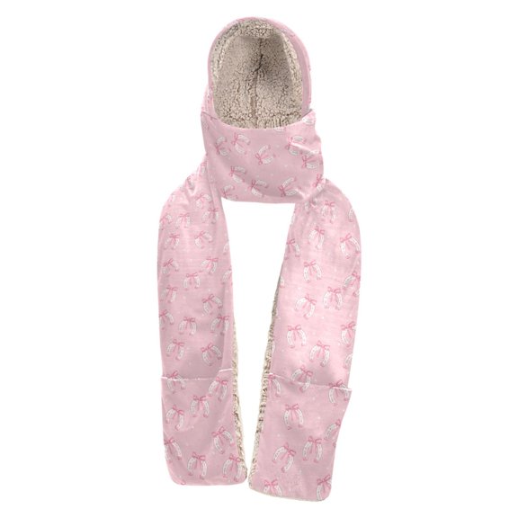 BZSMCE 3‑in‑1 Hooded Scarf with Pockets Soft Plush Lined Winter Hat Scarf Gloves Combo Bows Horseshoes Pattern Print Warm Neck Wrap for Outdoor Skiing Walking