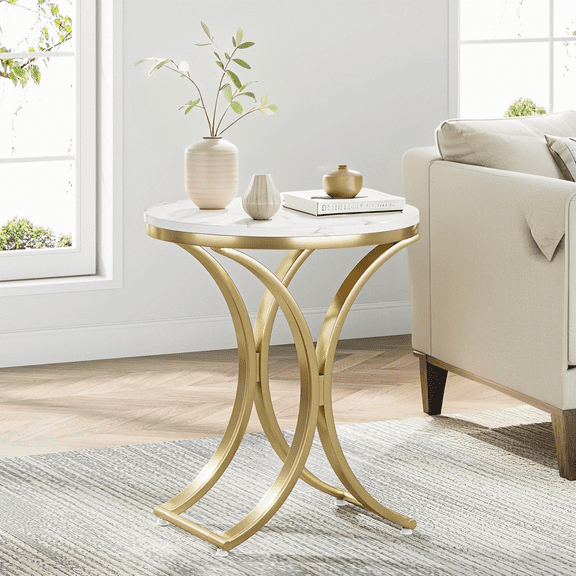 Tribesigns Set of 2 Faux Marble Round Side Table, White and Gold Contemporary End Table (2PCS)