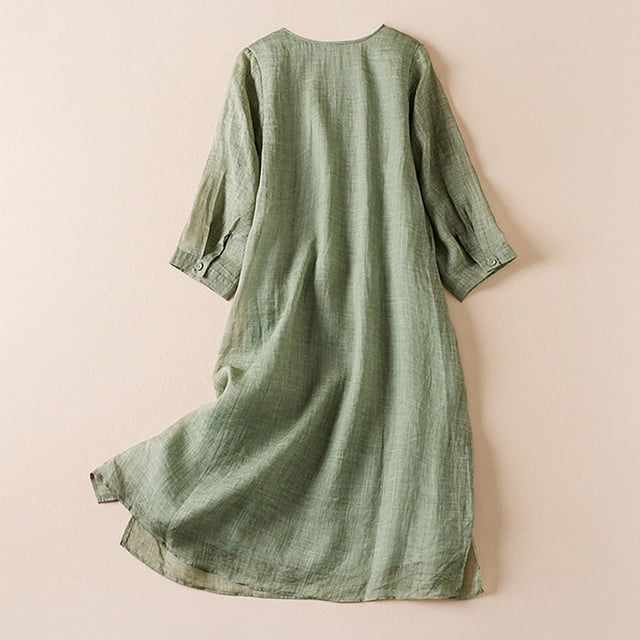 Fankiway Robe d'Été Douce Broderie Col Rond Ample Confortable Mi-Longue Manches 3/4 pour Femmes Robes Grande Taille pour Femmes Rondes Robes de Printemps pour Femmes 6315