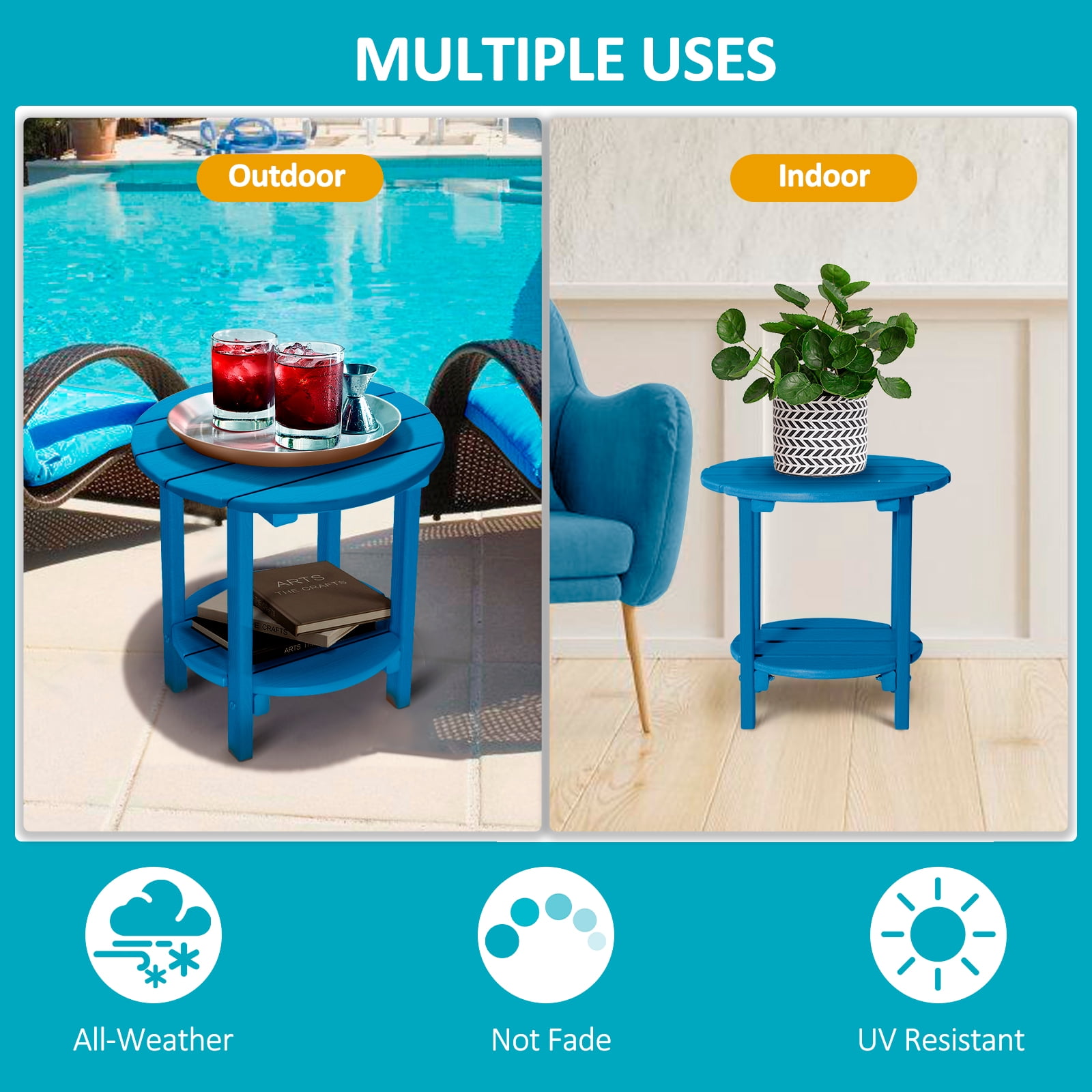 Nalone HDPE Adirondack Outdoor Side Table, Outdoor Coffee Table Double Layer With Shelf All Weather Use Patio Deck Table, Outside Coffee Side End Table, Navy Blue