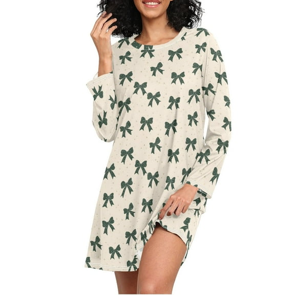 joogoo Green Bows Women's Long Sleeve Nightgown Sleepwear L