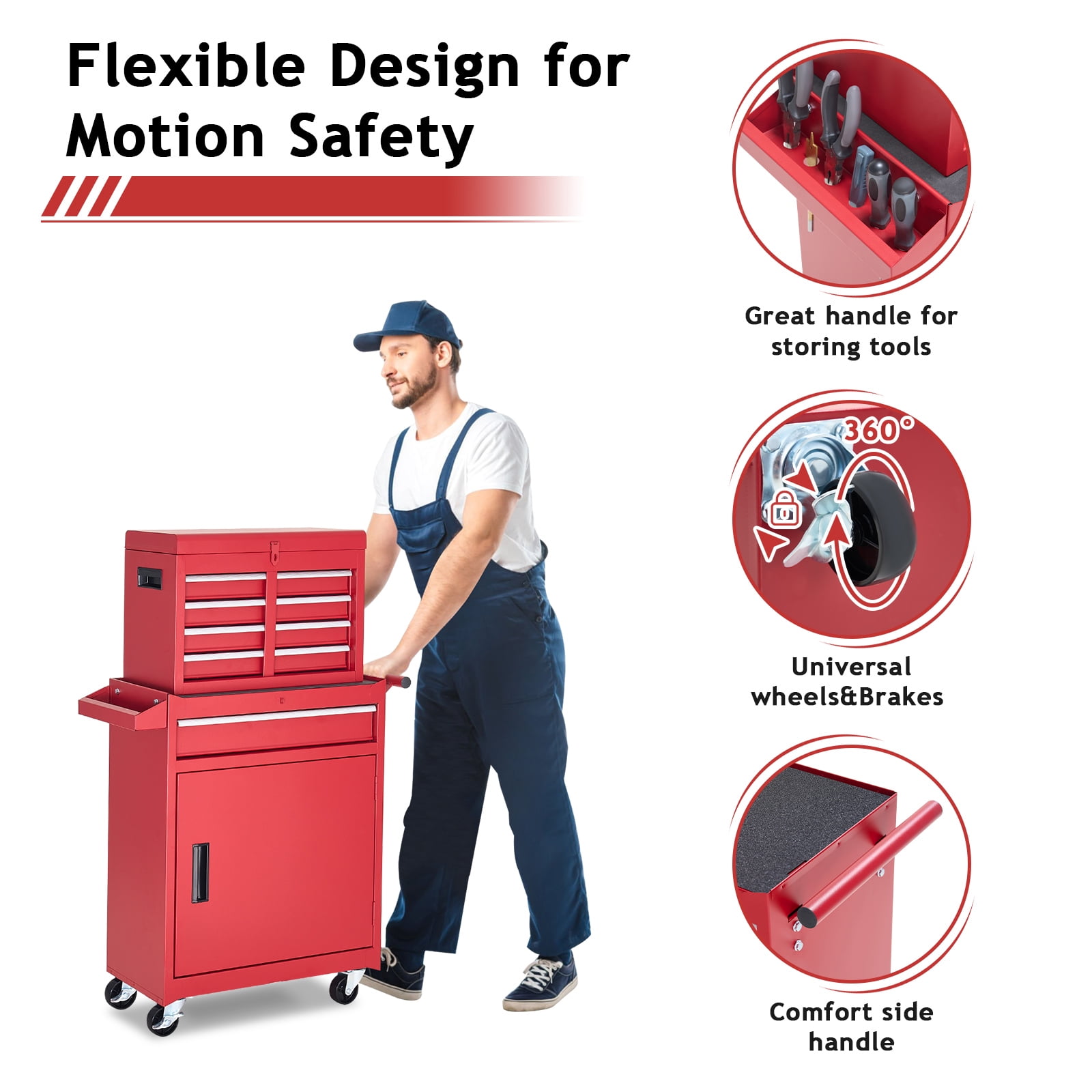 NETAJE Metal Tool Chest,2 in 1 Steel Rolling Tool Box & Cabinet On Wheels for Garage,Detachable Top Tool Box and Lockable Wheels Metal Tool Cart for Garage,5-Drawer